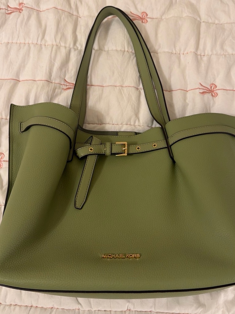 Michael Kors Olive Green Pebbled Leather Tote with Gold Hardware